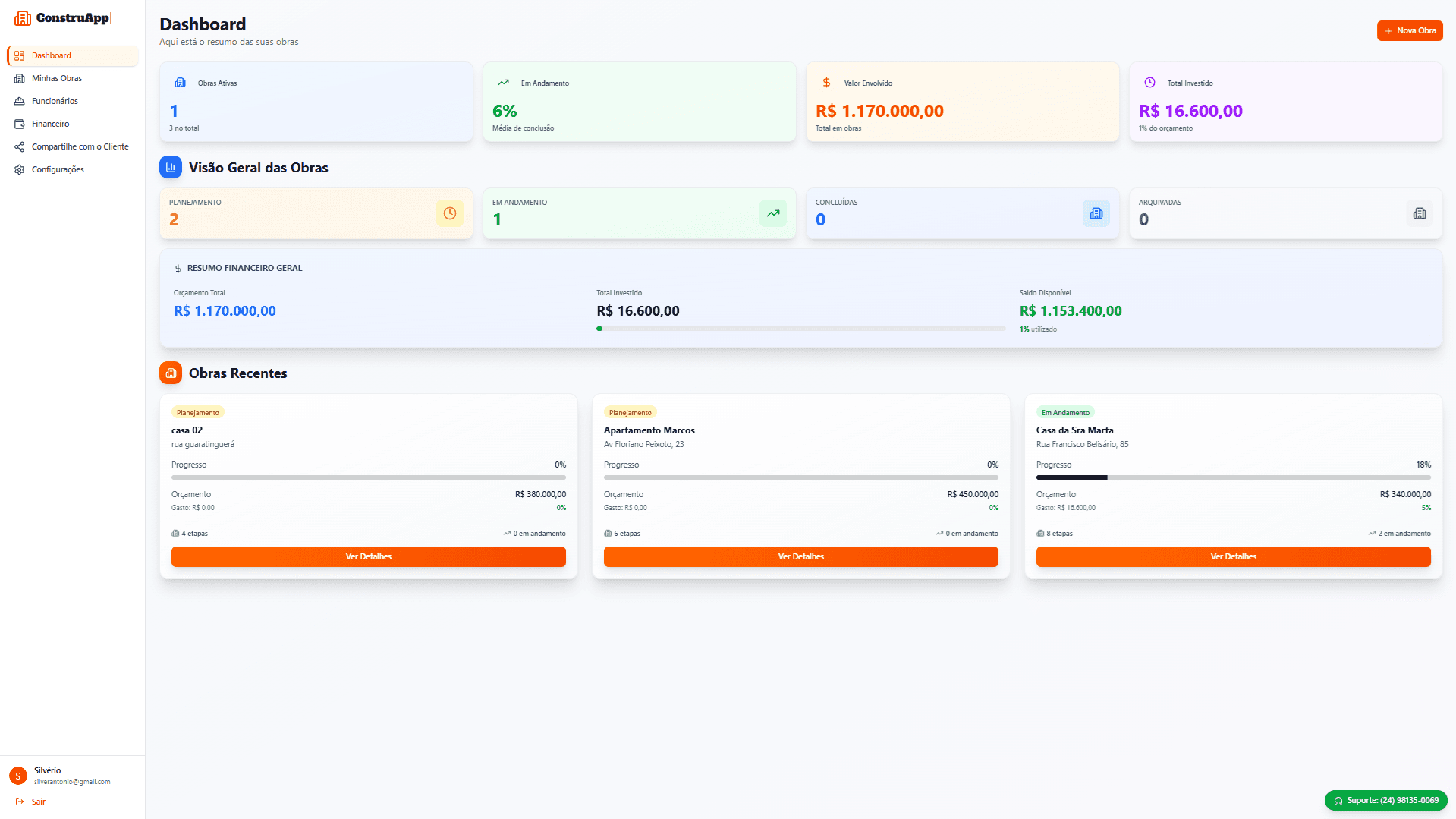 Dashboard ConstruApp - Gestão de Obras
